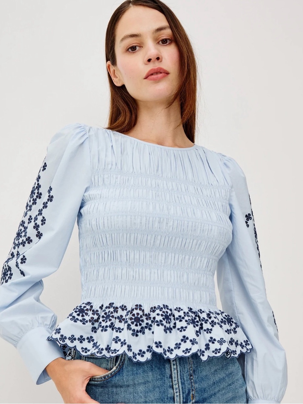 Rails Women’s XS Light Blue Smocked Embroidered Floral Round Neck Puff Blo